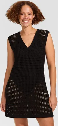 Lands End Cotton Open Knit V-Neck Swim Cover-up Dress in Black at Nordstrom, Size X-Large P