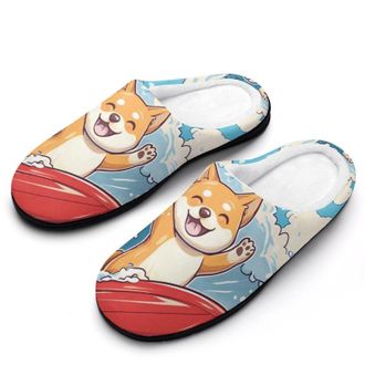Generic Surfing Shiba Inu Dog Womens Slippers Warm House Slippers Indoor House Shoes with Anti-Skid Rubber Sole