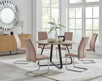 Furniturebox Santorini Brown Wood Effect Dining Table & 6 Black Lorenzo Chairs in Beige