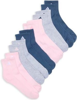 adidas Athletic Cushioned Assorted 6-Pack Quarter Socks in Cool Light Heather/Pink/Blue at Nordstrom Rack, Size Medium