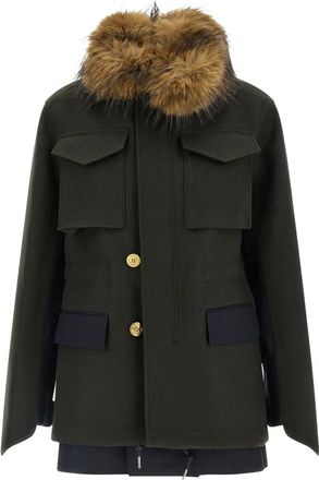 sacai Jassen, Dames, Groen, S, Wol, Gelaagde Hybride Melton Jas