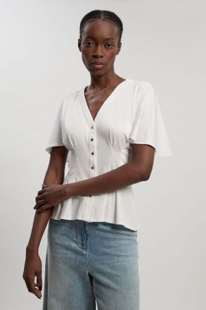 Karen Millen Womens Jersey V Neck Button Detail T - Shirt - White Cotton - Size X-Small