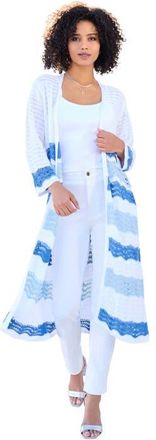 Roaman's Long Pointelle Cardigan Sweater in White Blue at Nordstrom, Size Large