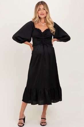 Pinkblush Satin Smocked Cinched Bust Midi Dress in Black at Nordstrom, Size Large