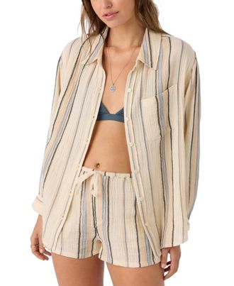 O'Neill Leni Stripe Top Womens Ivory Cotton Long Sleeve Relaxed Fit DSGL1249