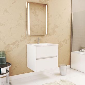 Aurlane Aurlane - Pack Mueble De Ba&ntilde;o 60 Cm Blanco Lacado 2 Cajones, Lavabo, Espejo 60x80 Y Doble Led