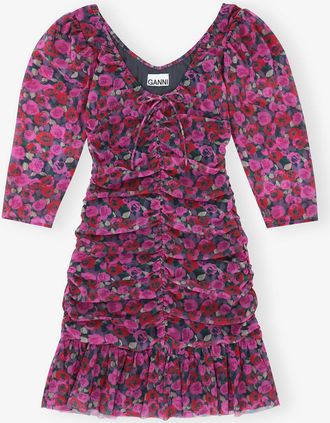 Ganni Floral Mesh Flounce Ruched Mini Dress - Size 52 Recycled Nylon
