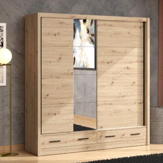 Dmora Armario 2 Puertas Copala, Guardarropa Dormitorio 4 Estantes, Barra Colgante, 2 Cajones, 205x216h Cm Roble Marr&oacute;n Nudos