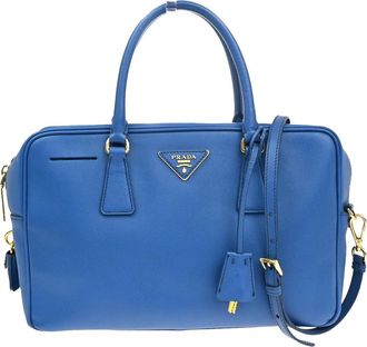 Prada Bauletto Bag Saffiano Leather Blue Leather Handbag (Pre-Owned)