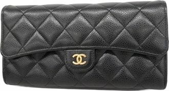 Chanel Black Grained Calfskin Long Wallet (Bi-Fold) (Pre-Owned)
