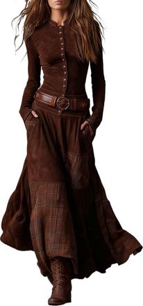 Generic Womens Suede Western Retro Style Dress, Long Sleeves, Round Neck, Pockets, Button Closure, with Belt. (red,L)