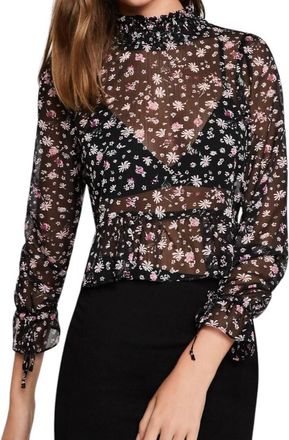 BCBGeneration Sheer Floral Print Chiffon Smocked Top In Black