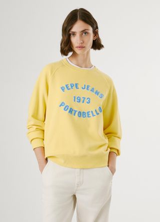 Pepe Jeans London Sweatshirt PEPE JEANS BAIA, Damen, Gr. L, lemon gelb, Sweatware, Obermaterial: 70% Baumwolle, 30% Polyester, kontrastfarbene Details, normal, Rundhals