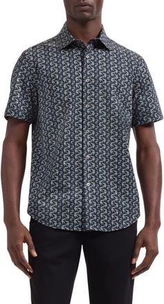 Bugatchi Miles OoohCotton Leaf Print Short Sleeve Button-Up Shirt in Khaki at Nordstrom, Size Xxx-Large