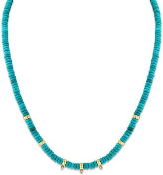 Zoë Chicco Turquoise & Rondelle Gold Bead Necklace with Diamonds in Yellow Gold at Nordstrom, Size 18