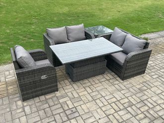 Fimous Rattan Furniture Garden Dining Set Outdoor Height Adjustable Rising lifting Table Love Sofa Chair With Side Table in Dark Grey
