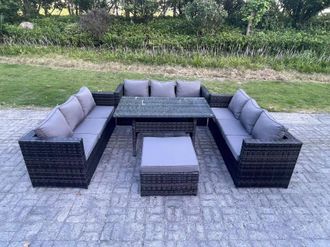 Fimous Outdoor Wicker Garden Furniture Rattan Lounge Sofa Set Patio Rectangular Dining Table Footstool 10 Seater in Dark Grey
