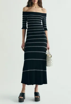 Scalpers Off Shoulder Knit Dress in Blackecru at Nordstrom, Size Large