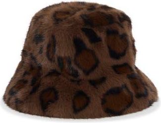 La Fiorentina Faux Fur Animal Print Bucket Hat in Brown at Nordstrom Rack