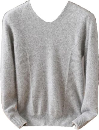 Generic Mens 100% Mink Cashmere Sweater V Neck Pullovers Knit Sweater Long Sleeve Basic Jumpers Tops Light Gray9 L