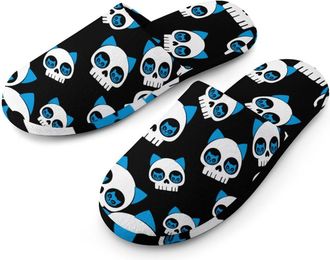 Generic Cat Skull Flannel Mens Slip-on Slippers Winter Warm House Shoes with Rubber Sole for Home Hotel