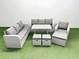 Fimous 9 Pieces Outdoor PE Rattan Garden Furniture with 2 Side Tables 3 Stool in Light Grey