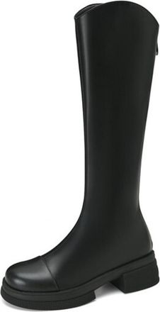 Generic Womens Low Block Heel Platform Long Boot Round Toe Knee High Boots with Zipper PU Leather Casual Boot,Black,5.5 UK
