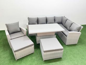 Fimous 9 Seat Rattan Garden Furniture Corner Sofa Set with 2 Big Footstools in Light Grey