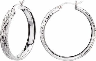Gold & Honey Womens Rhodium Plated Diamond Cut Deco Hoop Earrings In Silver