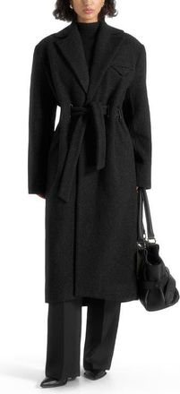 Mani&egrave;re De Voir Jena Wide Shoulder Wool Coat with Cinch Belt in Black at Nordstrom, Size Large