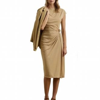Ralph Lauren Buckle Trim Jersey Boatneck Dress In Beige