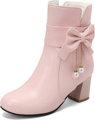 Generic Womens Ankle Boots with Bow Detail & Pearl Charms - Chunky Heel, Sweet Design for casual and Semi-Formal Occasions,Pink,6.5 UK