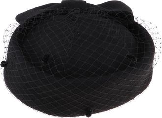 Hellery Vintage Wool Felt Pillbox Hat with Bow Veil Fascinator Wedding Headpiece, Black, as described