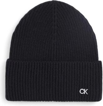 Calvin Klein Accessoires, Dames, Zwart, ONE Size, Wol, Metal Chunky Rib Beanie