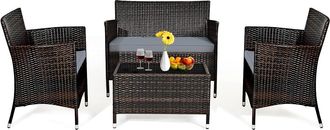 Costway Set 4 Muebles De Jar&iacute;n De Mimbre Para Patio Set Mesa Y Sof&aacute; De Exterior Set Conversaci&oacute;n Entretejido A Mano - Costway