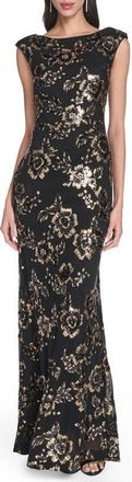 Eliza J Floral Sequin Gown in Black/gold at Nordstrom, Size 12