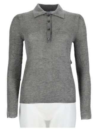 Aspesi Grey Ribbed Knit Wool-Blend Polo Sweater