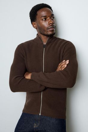 French Connection Mens Brown Cotton Blend Ribbed Knit Funnel Neck Zip Jumper - Size X-Large