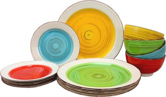 Gibson Home Confetti Band 12 Piece Mix and Match Round Ceramic Dinnerware Set in Assorted Colors