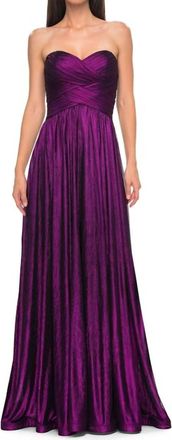 La Femme Metallic Chiffon Dress In Royal Purple