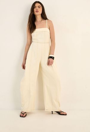 NASTY GAL Womens Strappy Seam Detail Wide Leg Denim Jumpsuit - Ecru Cotton - Size 10 UK