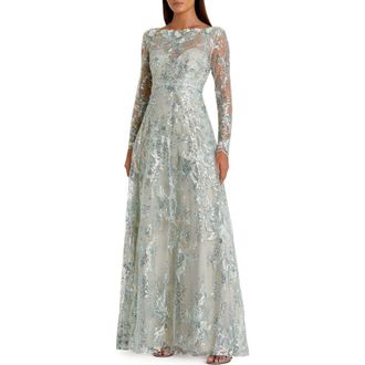 Mac Duggal Floral Rhinestone Embroidered Sweetheart Illusion Long Sleeve Gown in Mist at Nordstrom, Size 16