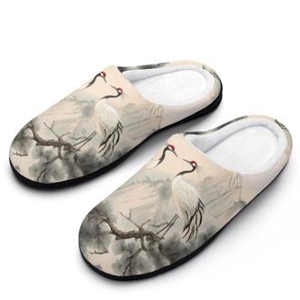 Generic Red Crowned Crane Womens Slippers Warm House Slippers Indoor House Shoes with Anti-Skid Rubber Sole
