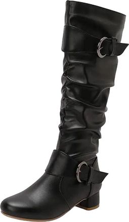 Generic Womens Sexy Knee High Boots Round Toe Med Block Heel Zipper Closure With Metal Accent For Party Banquet Tall Boots