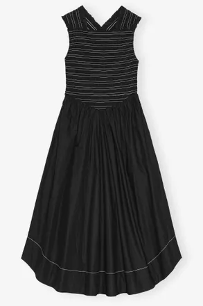 Ganni Black Washed Stretch Cotton Smock Midi Dress - Size 10/12