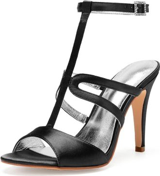 Generic Wedding Bridal Shoes Womens Stiletto Heels Sandals Sexy Open Toe Bridal Satin Wedding Party Dressy Heels Shoes 10.5Cm,Black,8 UK