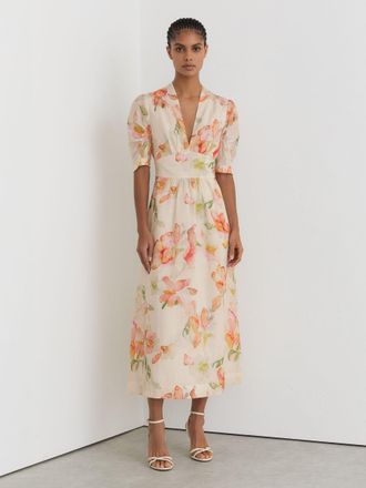 Reiss & pink Floral-print Waisted Midi Dress, 14