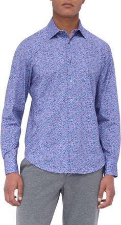 Bugatchi James OoohCotton Leaf Print Button-Up Shirt in Plum at Nordstrom, Size Xxx-Large
