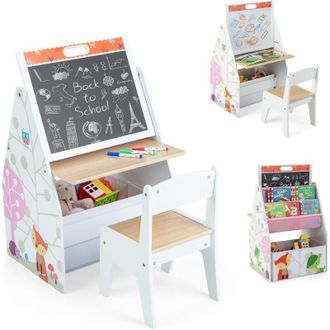 Costway Costway - Juego De Mesa Y Silla Para Ni&ntilde;os Con Pizarras Magn&eacute;ticas Y Pizarra Blanca, Caballete De Arte Y Estaci&oacute;n Para Ni&ntilde;os Peque&ntilde;os, Librer&iacute;a Infant