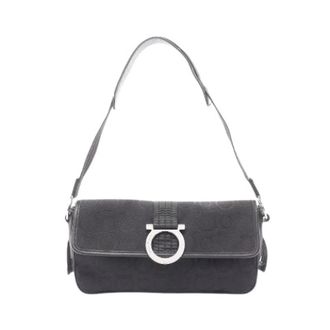 Ferragamo Pre-owned Shoulder Bags, female, Black, Size: ONE SIZE Pre-owned Gancini Canvas Leather Shoulder Bag